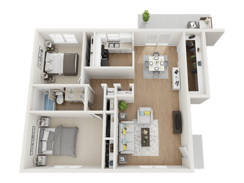 A 3D floor plan of a house showing two bedrooms, a living room, a kitchen, and a bathroom.